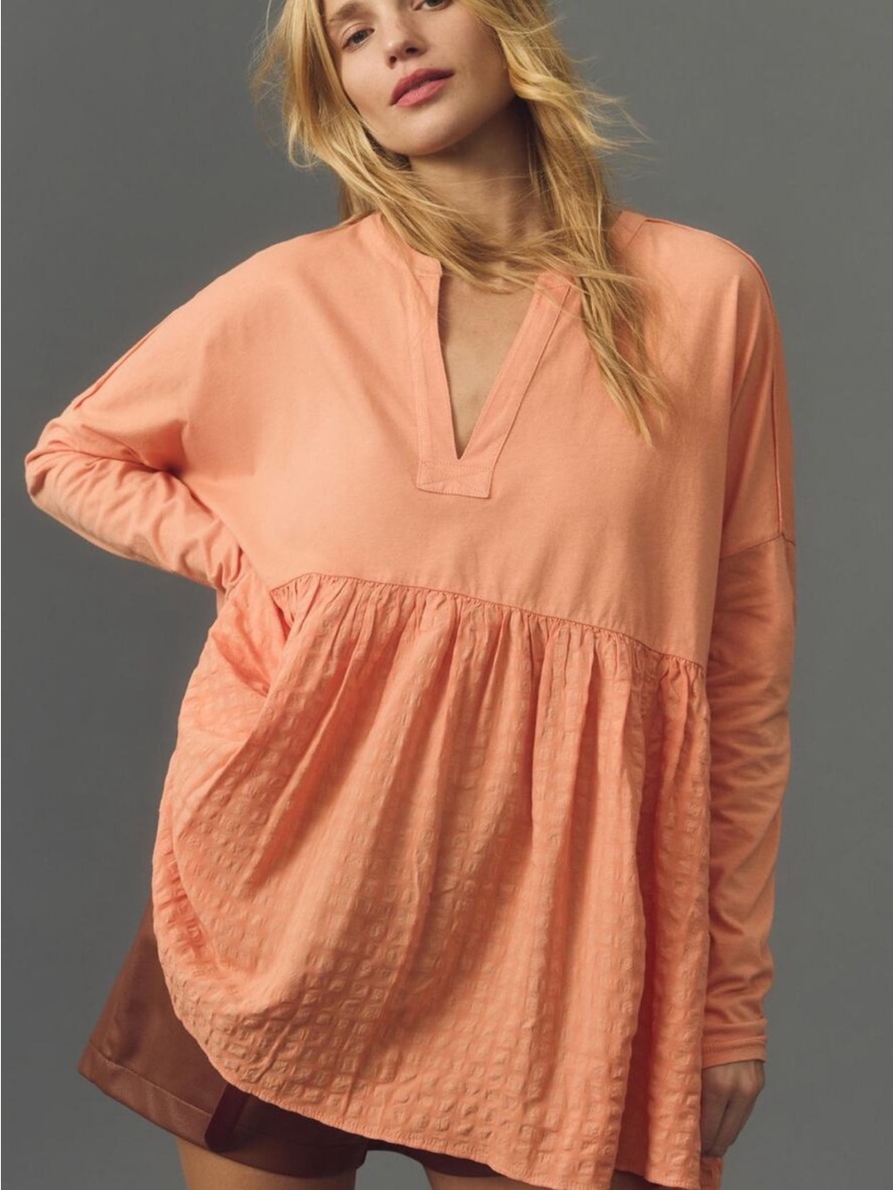 Pilcro Coral Peach V-Neck Long Sleeve Tunic